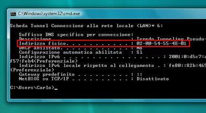 Indirizzo Fisico MAC Address Scheda di Rete LAN Ipconfig