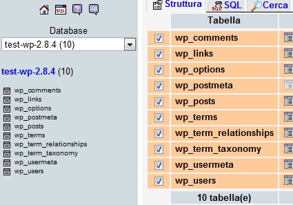 Ottimizzare e velocizzare WordPress avendo cura del database - Vista delle tabelle originali del database nativo WordPress
