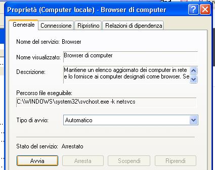 Servizio Browser di Computer Rete non è Presente o non è Avviata