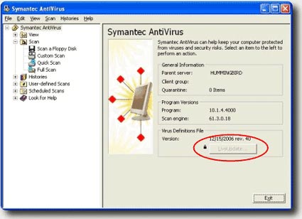 Symantec Norton Antivirus Corporate Edition con Pulsante LiveUpdate Disabilitato